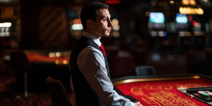 Dealer casino live tengah memberikan kartu dalam sesi permainan interaktif di platform honda77